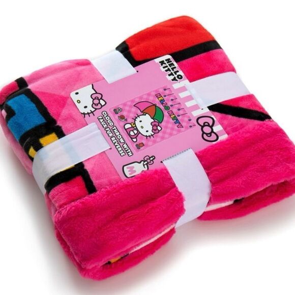 Hello Kitty Sanrio Plush Throw Blanket Rainy Day Kitty OS 50”x 60” Pink Red NEW - Picture 5 of 6